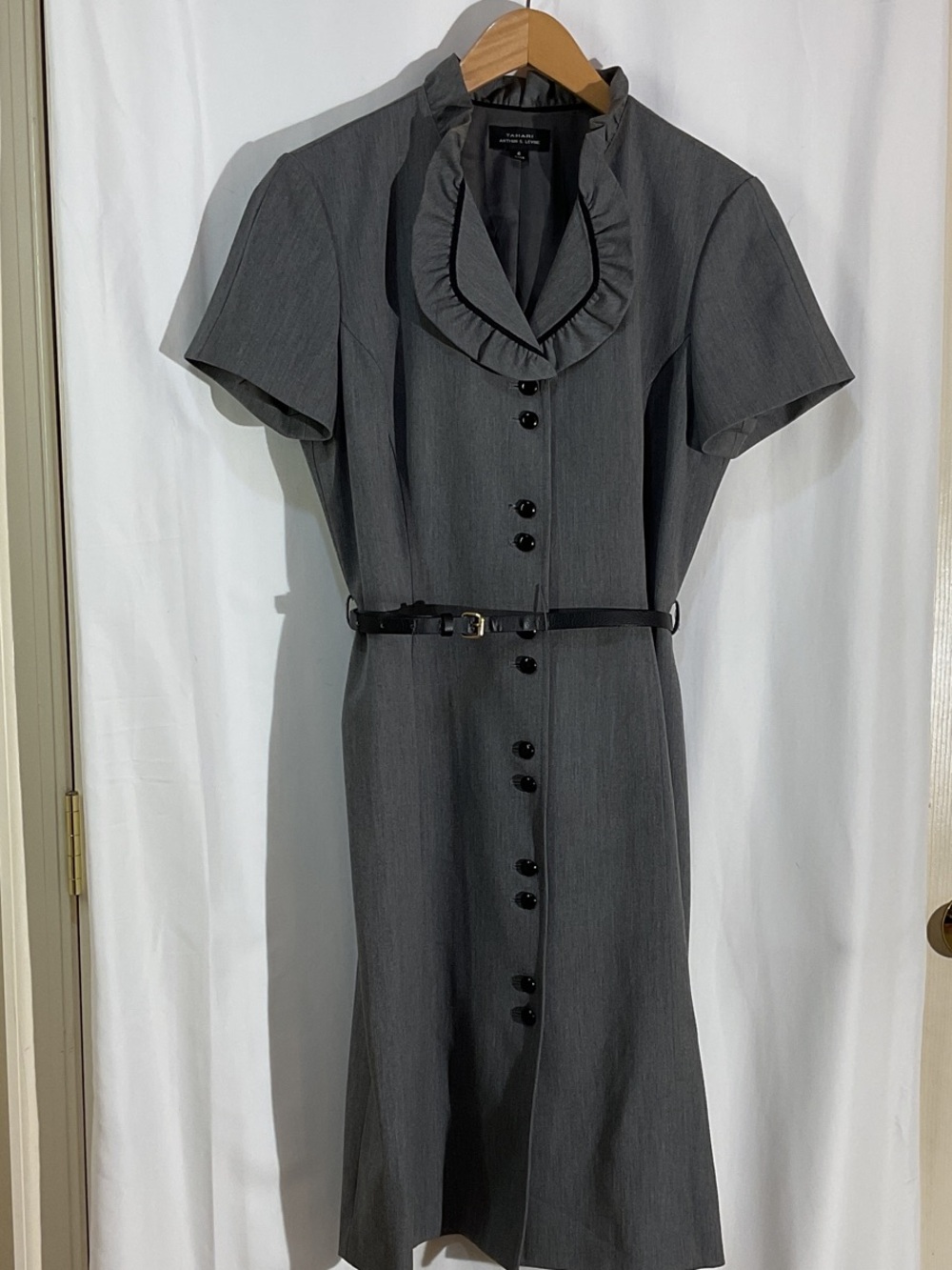 Charcoal Midi Dress with Ruffle Collar and Belt